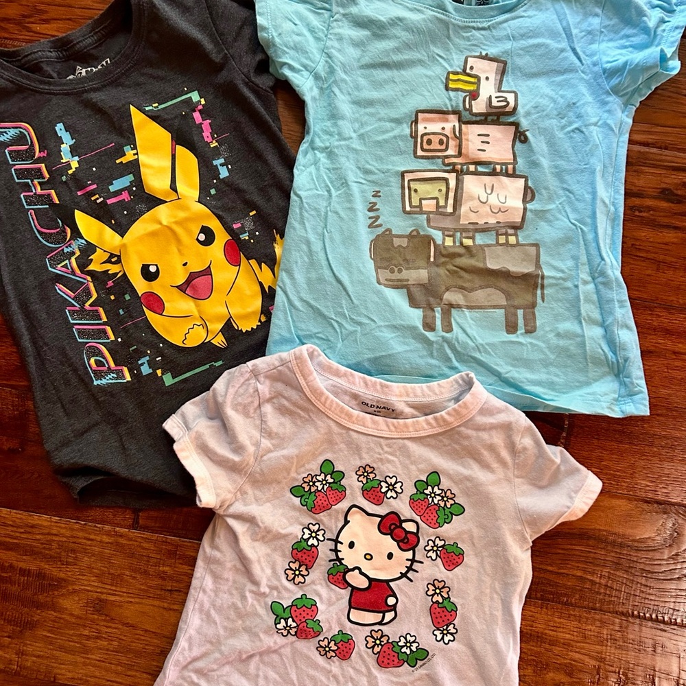 3 Girls' Character Graphic Tees - Pikachu & Hello Kitty & Minecraft
